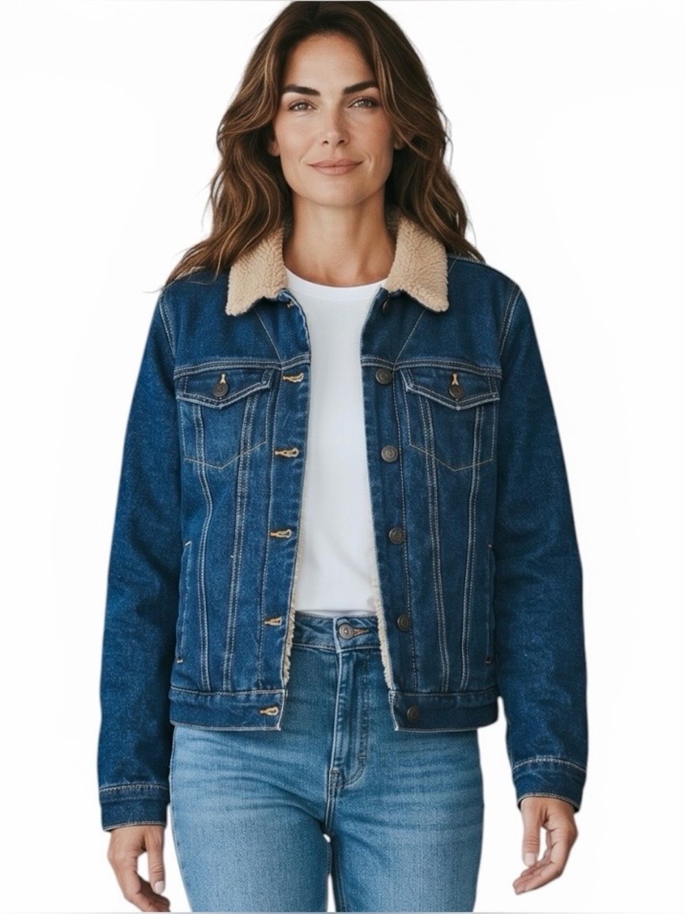 Women's Schmidt Workwear Trucker Jacket Sherpa Fleece Lined Denim Jacket/SIZE: L